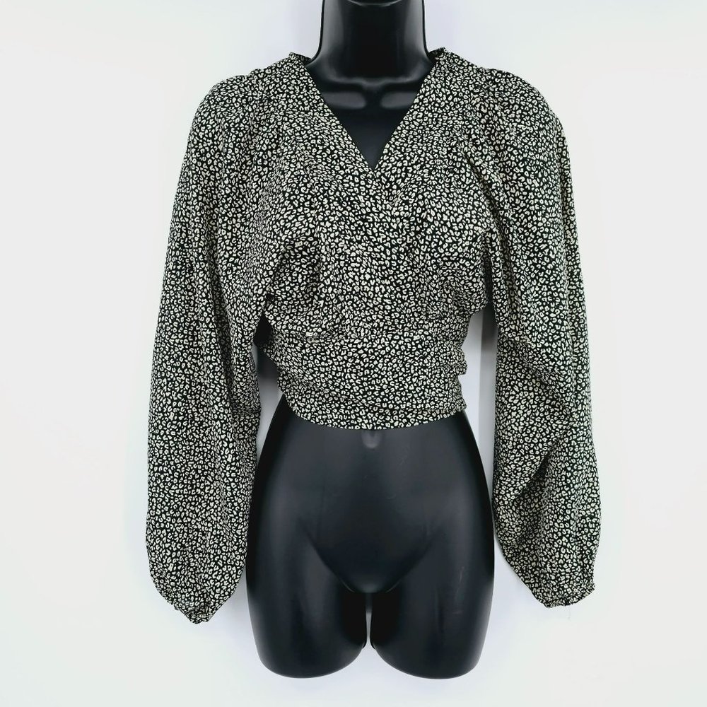 Princess Polly New Mood Wrap Top 4 Black Cream Long Sleeve Leopard Print Cropped
